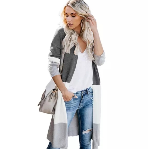 Women's Long Sleeve Colour Block Open Front Cardigan
